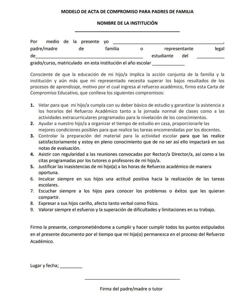 acta de compromiso para padres de familia